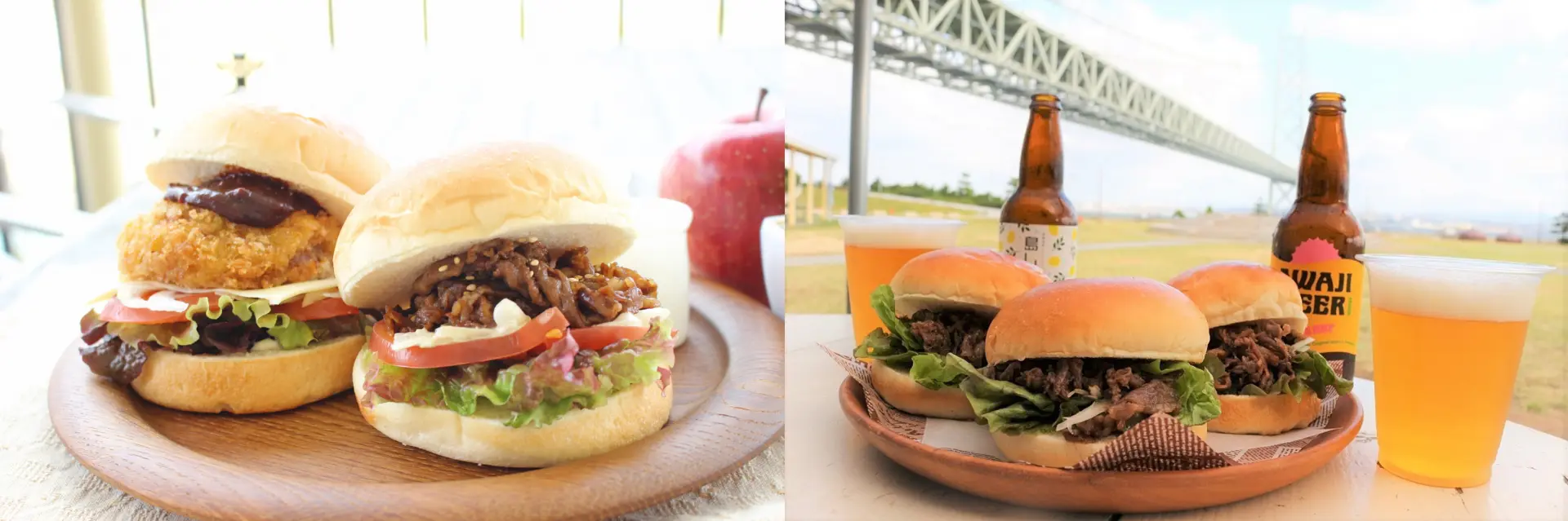 A burger made with Awaji beef along with Awaji Beer